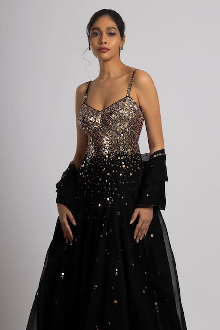 Shop_Rajat K Tangri_Black Organza, Linen, Satin Sequins Sweetheart Neck Embroidered Gown And Dupatta _Online_at_Aza_Fashions