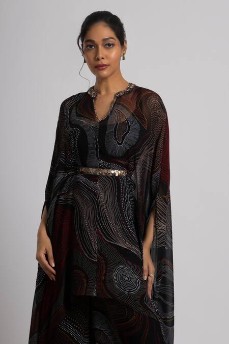 Rajat K Tangri_Black Georgette Sequins Split V-neck Embroidered Kaftan And Pant Set _Online_at_Aza_Fashions