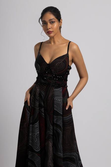 Rajat K Tangri_Black Tafetta Bead Tassels Sweetheart Work Corset _Online_at_Aza_Fashions