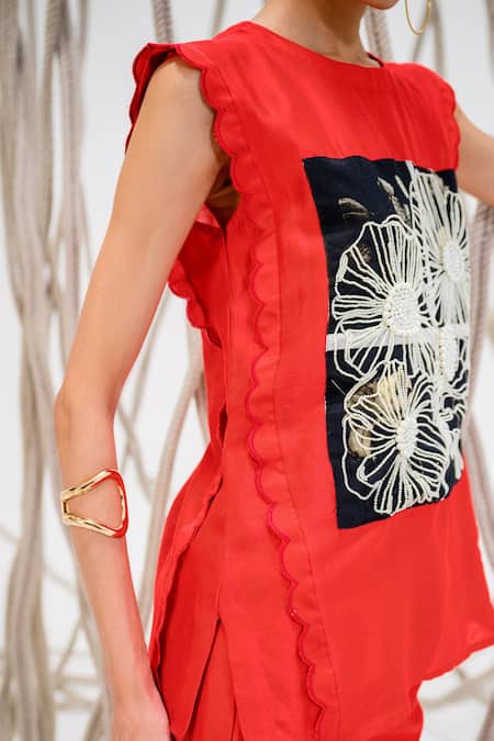 The Dramebaaz CO_Red Chanderi Pearl Bloom Round Neck Embroidered Top _Online_at_Aza_Fashions