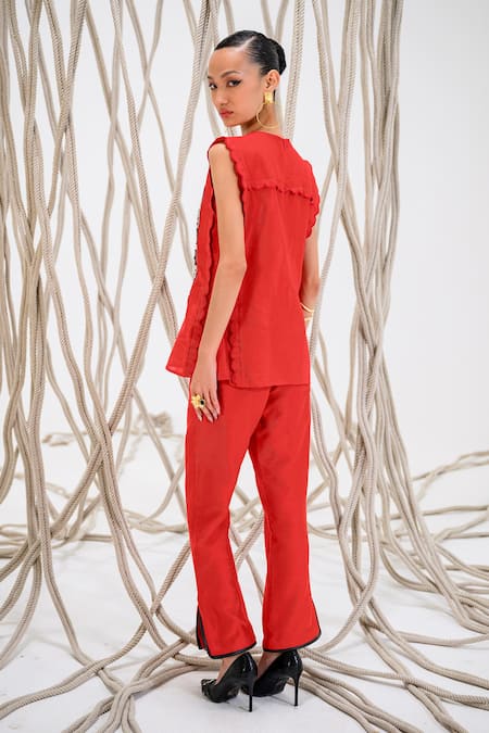 Shop_The Dramebaaz CO_Red Chanderi Pearl Bloom Round Neck Embroidered Top _at_Aza_Fashions