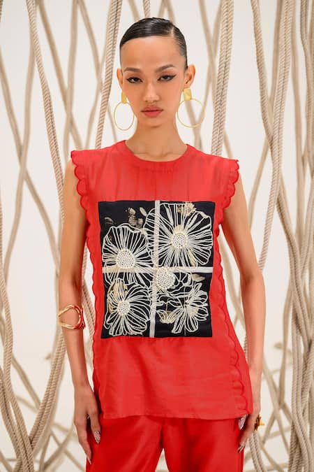 The Dramebaaz Co Red Chanderi Pearl Bloom Round Neck Embroidered Top 