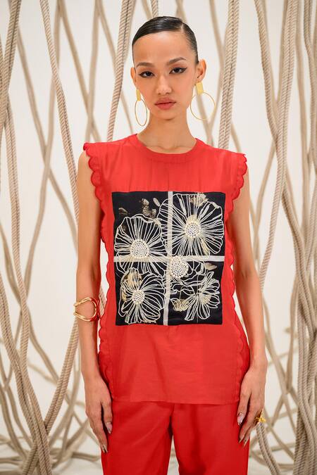 Buy_The Dramebaaz CO_Red Chanderi Pearl Bloom Round Neck Embroidered Top _Online_at_Aza_Fashions