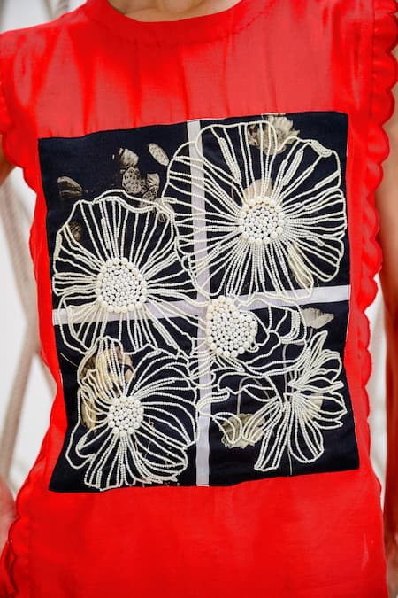 The Dramebaaz CO_Red Chanderi Pearl Bloom Round Neck Embroidered Top _at_Aza_Fashions