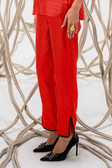 Buy The Dramebaaz CO Red Chanderi Pearl Bloom Round Neck Embroidered Top With Trouser Online at Aza Fashions Buy_The Dramebaaz CO_Red Chanderi Pearl Bloom Round Neck Embroidered Top With Trouser _Online_at_Aza_Fashions