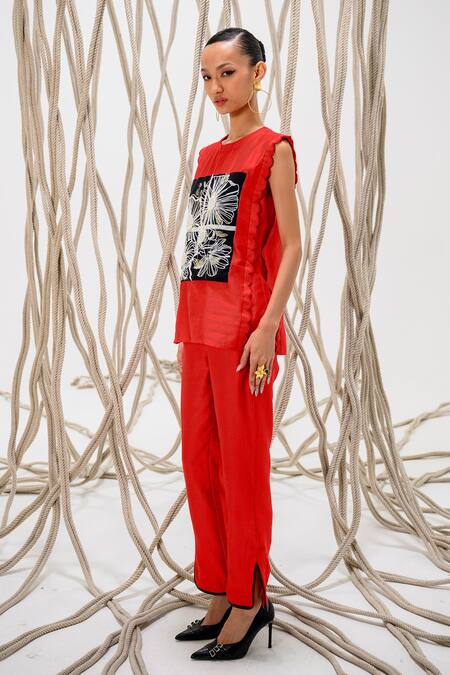 Buy The Dramebaaz CO Red Chanderi Pearl Bloom Round Neck Embroidered Top With Trouser Buy_The Dramebaaz CO_Red Chanderi Pearl Bloom Round Neck Embroidered Top With Trouser