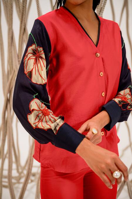 Buy The Dramebaaz CO Red Chanderi Bloom V Neck Print And Embellished Sleeves Shirt Online at Aza Fashions Buy_The Dramebaaz CO_Red Chanderi Bloom V Neck Print And Embellished Sleeves Shirt _Online_at_Aza_Fashions