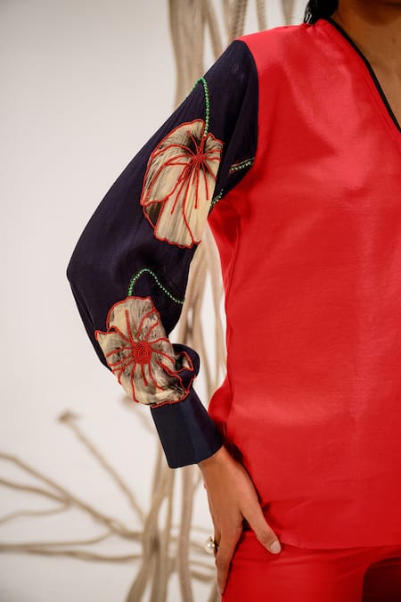 Shop The Dramebaaz CO Red Chanderi Bloom V Neck Print And Embellished Sleeves Shirt Online at Aza Fashions Shop_The Dramebaaz CO_Red Chanderi Bloom V Neck Print And Embellished Sleeves Shirt _Online_at_Aza_Fashions