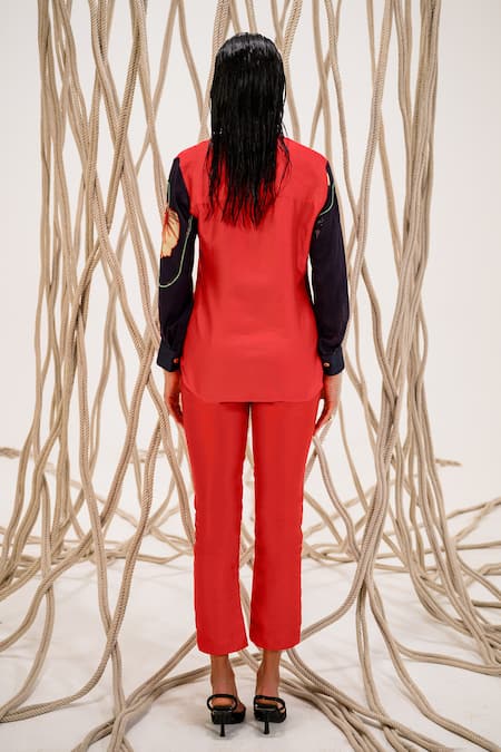 Shop The Dramebaaz CO Red Chanderi Bloom V Neck Print And Embellished Sleeves Shirt at Aza Fashions Shop_The Dramebaaz CO_Red Chanderi Bloom V Neck Print And Embellished Sleeves Shirt _at_Aza_Fashions