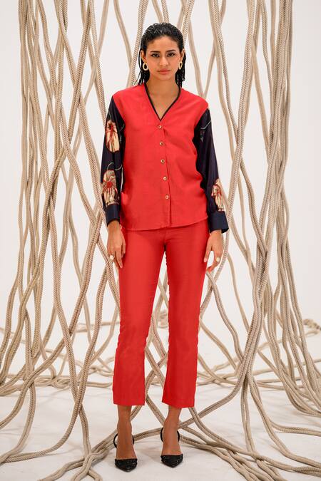 Buy The Dramebaaz CO Red Chanderi Bloom V Neck Print And Embellished Sleeves Shirt Buy_The Dramebaaz CO_Red Chanderi Bloom V Neck Print And Embellished Sleeves Shirt