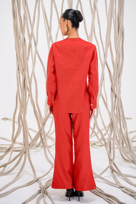 The Dramebaaz CO Red Chanderi Sequins Round Neck Roselle Print Patch Shirt Online at Aza Fashions The Dramebaaz CO_Red Chanderi Sequins Round Neck Roselle Print Patch Shirt _Online_at_Aza_Fashions