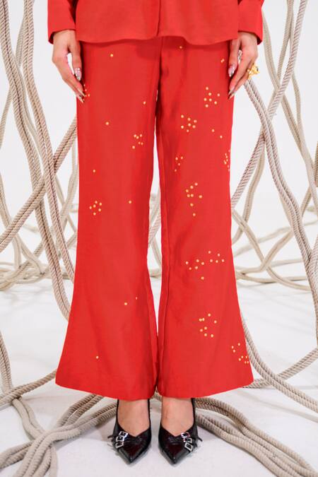 Buy_The Dramebaaz CO_Red Chanderi Cluster Pattern Bell Bottom Trouser _Online_at_Aza_Fashions