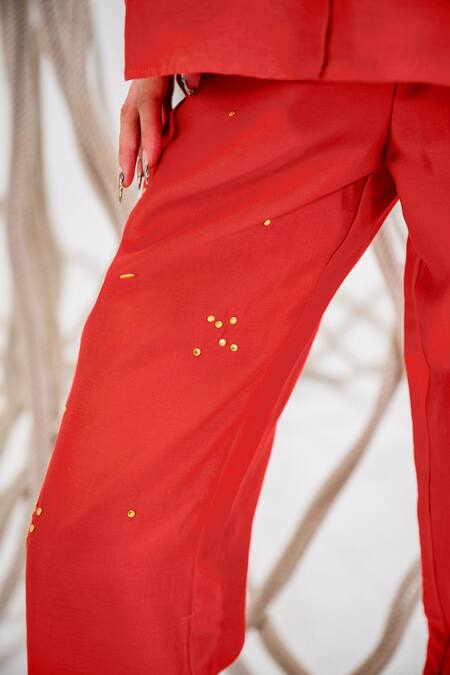 Shop_The Dramebaaz CO_Red Chanderi Cluster Pattern Bell Bottom Trouser _Online_at_Aza_Fashions