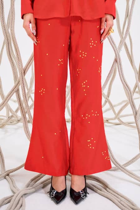 Buy_The Dramebaaz CO_Red Chanderi Roselle Round Neck Print Patch Shirt With Bell Bottom Trouser _Online_at_Aza_Fashions