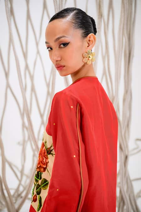 Shop_The Dramebaaz CO_Red Chanderi Roselle Round Neck Print Patch Shirt With Bell Bottom Trouser _Online_at_Aza_Fashions