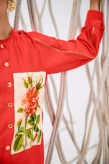 The Dramebaaz CO_Red Chanderi Roselle Round Neck Print Patch Shirt With Bell Bottom Trouser _at_Aza_Fashions