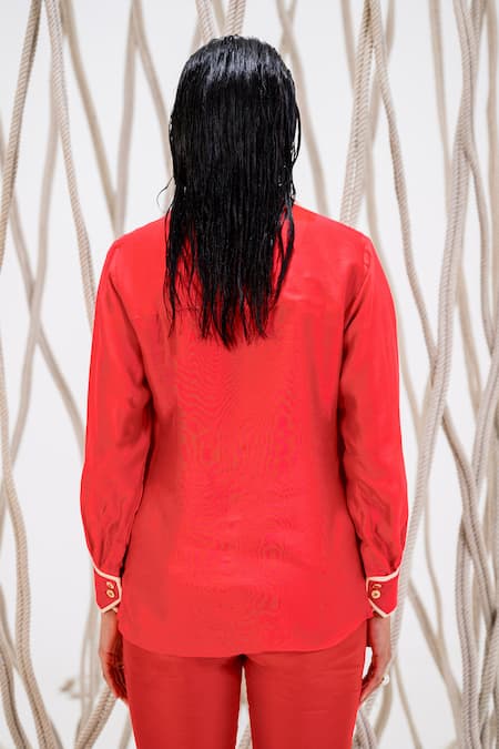 Shop_The Dramebaaz CO_Red Chanderi Embroidery Collared Floral Patch Work Shirt _at_Aza_Fashions
