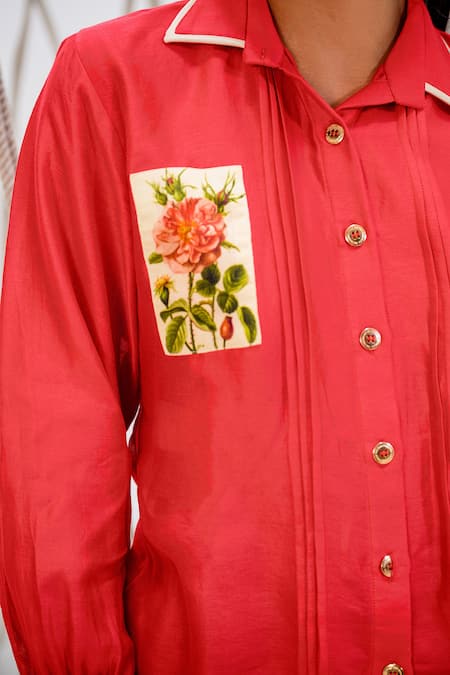 The Dramebaaz CO_Red Chanderi Embroidery Collared Floral Patch Work Shirt _Online_at_Aza_Fashions