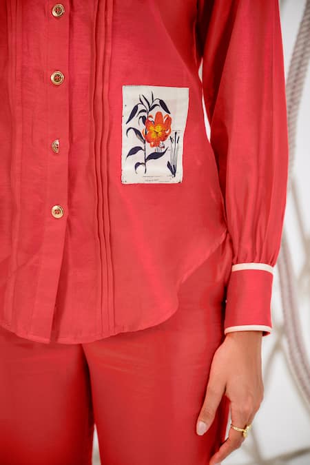 Buy_The Dramebaaz CO_Red Chanderi Embroidery Collared Floral Patch Work Shirt _Online_at_Aza_Fashions
