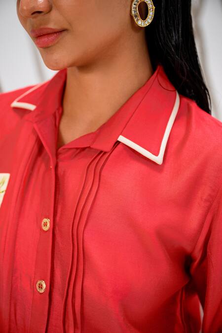 Shop_The Dramebaaz CO_Red Chanderi Embroidery Collared Floral Patch Work Shirt _Online_at_Aza_Fashions