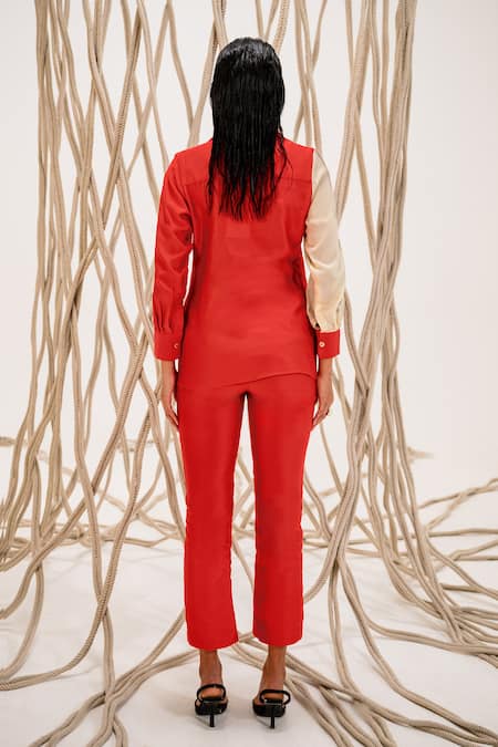 Shop_The Dramebaaz CO_Red Chanderi Beads, Embroidery Collared Floral Patch Shirt _at_Aza_Fashions