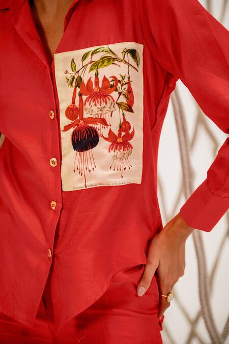 Buy_The Dramebaaz CO_Red Chanderi Beads, Embroidery Collared Floral Patch Shirt _Online_at_Aza_Fashions