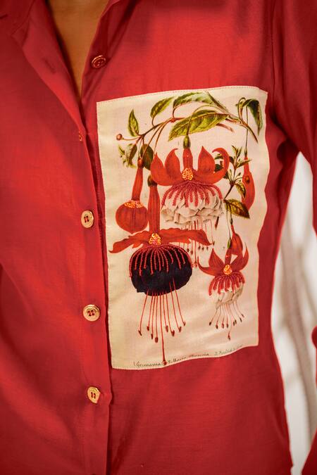 Shop_The Dramebaaz CO_Red Chanderi Beads, Embroidery Collared Floral Patch Shirt _Online_at_Aza_Fashions