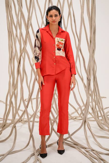 The Dramebaaz CO_Red Chanderi Beads, Embroidery Collared Floral Patch Shirt _at_Aza_Fashions