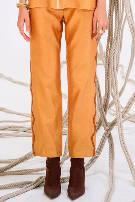 The Dramebaaz CO Beige Chanderi Embroidery V-neck Rose Patch Shirt And Trouser Set Online at Aza Fashions The Dramebaaz CO_Beige Chanderi Embroidery V-neck Rose Patch Shirt And Trouser Set _Online_at_Aza_Fashions