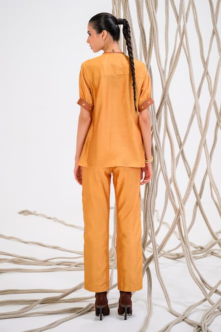 Shop The Dramebaaz CO Beige Chanderi Embroidery V-neck Rose Patch Shirt And Trouser Set at Aza Fashions Shop_The Dramebaaz CO_Beige Chanderi Embroidery V-neck Rose Patch Shirt And Trouser Set _at_Aza_Fashions