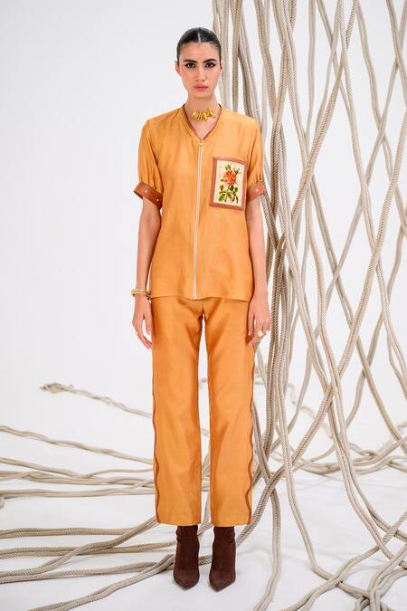 Buy The Dramebaaz CO Beige Chanderi Embroidery V-neck Rose Patch Shirt And Trouser Set Online at Aza Fashions Buy_The Dramebaaz CO_Beige Chanderi Embroidery V-neck Rose Patch Shirt And Trouser Set _Online_at_Aza_Fashions