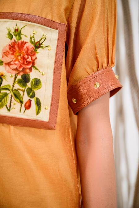 Shop The Dramebaaz CO Beige Chanderi Embroidery V-neck Rose Patch Shirt And Trouser Set Online at Aza Fashions Shop_The Dramebaaz CO_Beige Chanderi Embroidery V-neck Rose Patch Shirt And Trouser Set _Online_at_Aza_Fashions