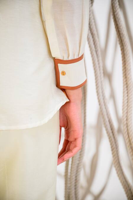 The Dramebaaz CO_Off White Chanderi Floral Collar Neck Sienna Panelled And Patchwork Shirt _Online_at_Aza_Fashions