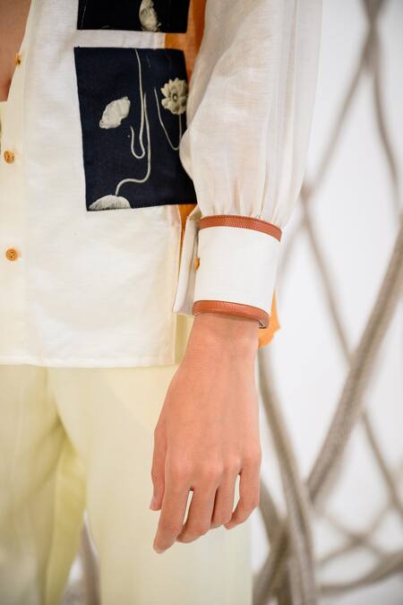 Buy_The Dramebaaz CO_Off White Chanderi Floral Collar Neck Sienna Panelled And Patchwork Shirt _Online_at_Aza_Fashions