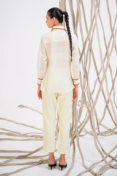 Shop_The Dramebaaz CO_Off White Chanderi Floral Collar Neck Sienna Panelled And Patchwork Shirt _at_Aza_Fashions