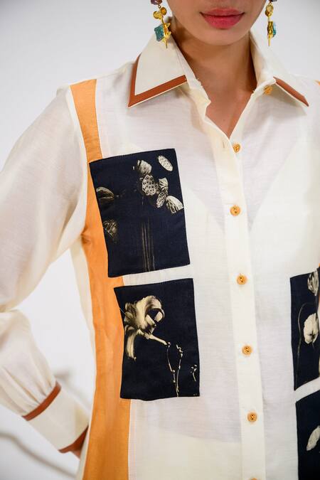 Shop_The Dramebaaz CO_Off White Chanderi Floral Collar Neck Sienna Panelled And Patchwork Shirt _Online_at_Aza_Fashions