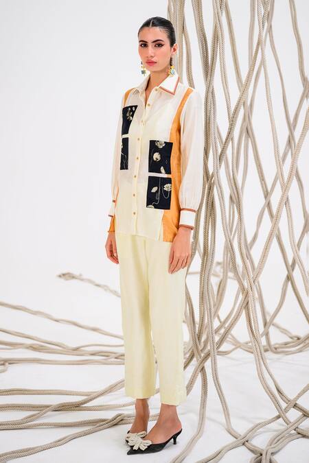The Dramebaaz CO_Off White Chanderi Floral Collar Neck Sienna Panelled And Patchwork Shirt _at_Aza_Fashions