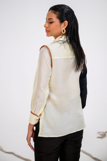 Shop_The Dramebaaz CO_Off White Chanderi Embroidery Collared Tulip Fleur Patchwork Shirt _at_Aza_Fashions