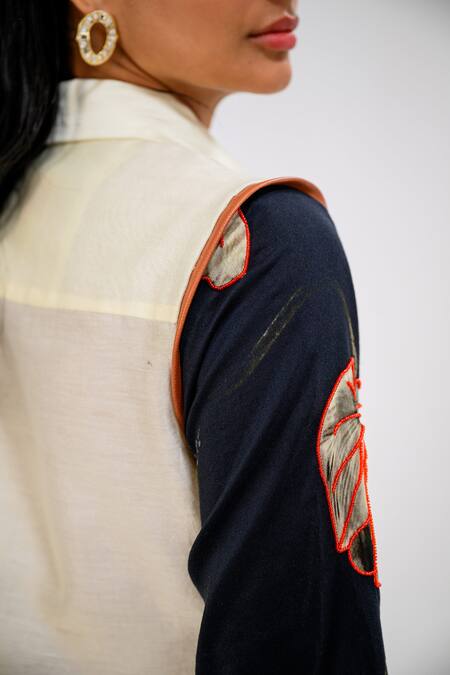 The Dramebaaz CO_Off White Chanderi Embroidery Collared Tulip Fleur Patchwork Shirt _Online_at_Aza_Fashions