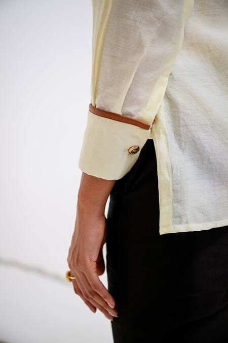 Buy_The Dramebaaz CO_Off White Chanderi Embroidery Collared Tulip Fleur Patchwork Shirt _Online_at_Aza_Fashions