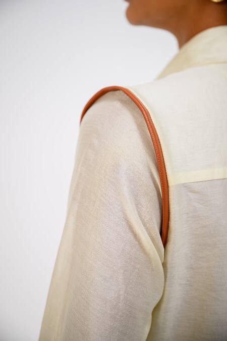 Shop_The Dramebaaz CO_Off White Chanderi Embroidery Collared Tulip Fleur Patchwork Shirt _Online_at_Aza_Fashions