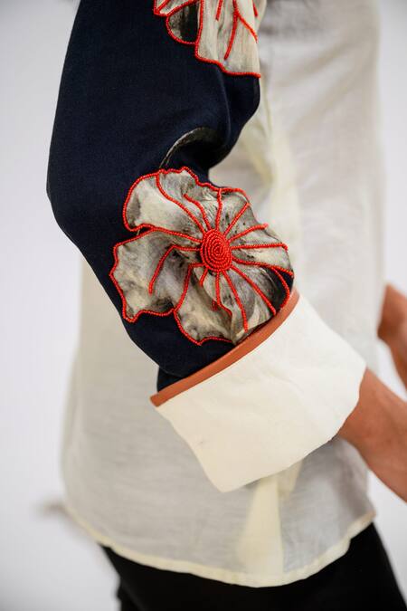 The Dramebaaz CO_Off White Chanderi Embroidery Collared Tulip Fleur Patchwork Shirt _at_Aza_Fashions