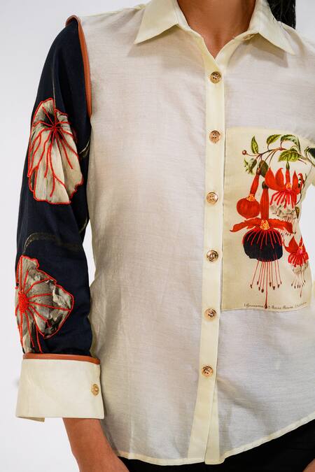 Buy_The Dramebaaz CO_Off White Chanderi Embroidery Collared Tulip Fleur Patchwork Shirt 