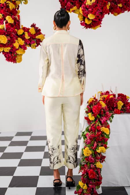 Shop_The Dramebaaz CO_Off White Chanderi Fleur Camp Collar Neck Amour Print And Embellished Shirt _at_Aza_Fashions