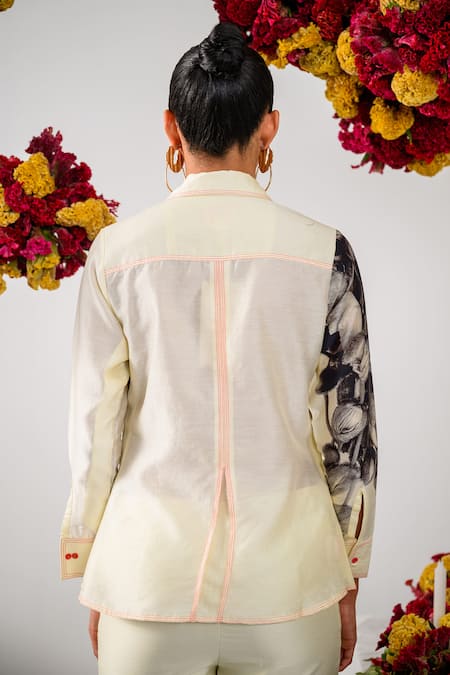 The Dramebaaz CO_Off White Chanderi Fleur Camp Collar Neck Amour Print And Embellished Shirt _Online_at_Aza_Fashions
