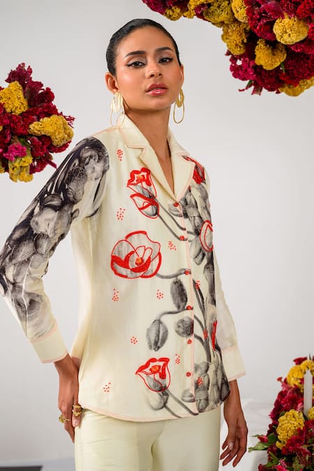 Buy_The Dramebaaz CO_Off White Chanderi Fleur Camp Collar Neck Amour Print And Embellished Shirt _Online_at_Aza_Fashions
