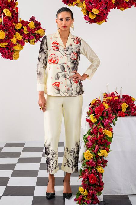 Shop_The Dramebaaz CO_Off White Chanderi Fleur Camp Collar Neck Amour Print And Embellished Shirt _Online_at_Aza_Fashions