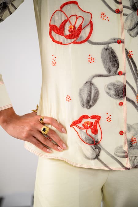 The Dramebaaz CO_Off White Chanderi Fleur Camp Collar Neck Amour Print And Embellished Shirt _at_Aza_Fashions
