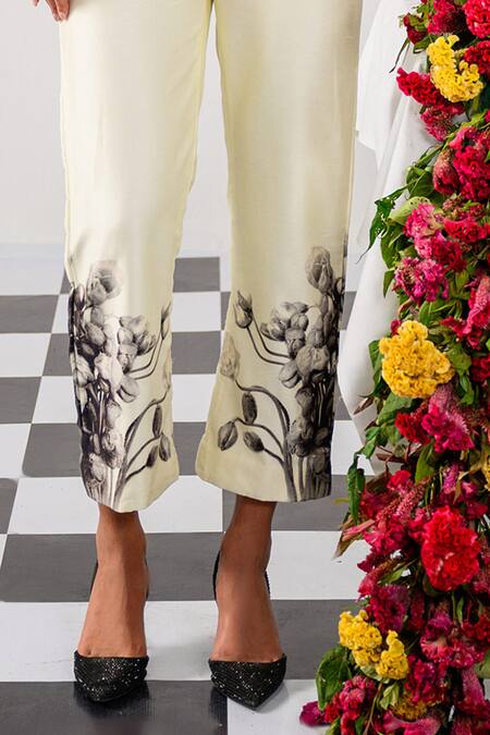 The Dramebaaz CO Off White Chanderi Fleur Camp Amour Print And Embellished Shirt With Trouser Online at Aza Fashions The Dramebaaz CO_Off White Chanderi Fleur Camp Amour Print And Embellished Shirt With Trouser _Online_at_Aza_Fashions