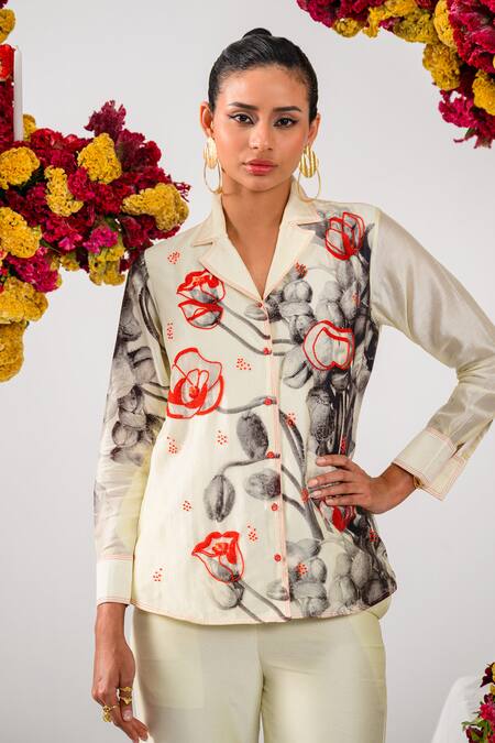 Buy The Dramebaaz CO Off White Chanderi Fleur Camp Amour Print And Embellished Shirt With Trouser Online at Aza Fashions Buy_The Dramebaaz CO_Off White Chanderi Fleur Camp Amour Print And Embellished Shirt With Trouser _Online_at_Aza_Fashions